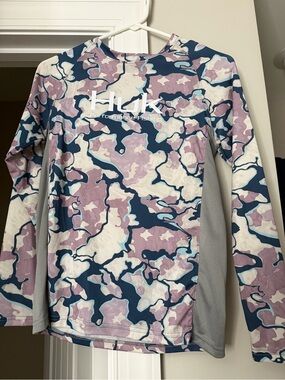 Huk Kids Long Sleeve Swim Rashguard - Blue, Pink & White Camo
